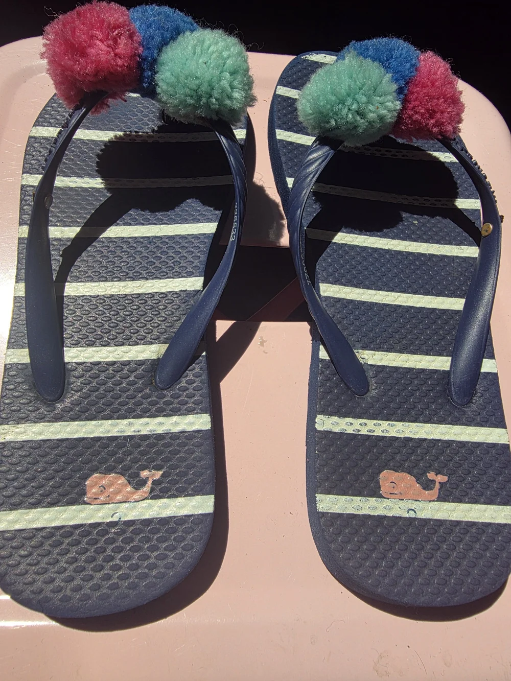 Vineyard Vines Navy Stripe Flip Flops with Pink Blue Green Pom Poms